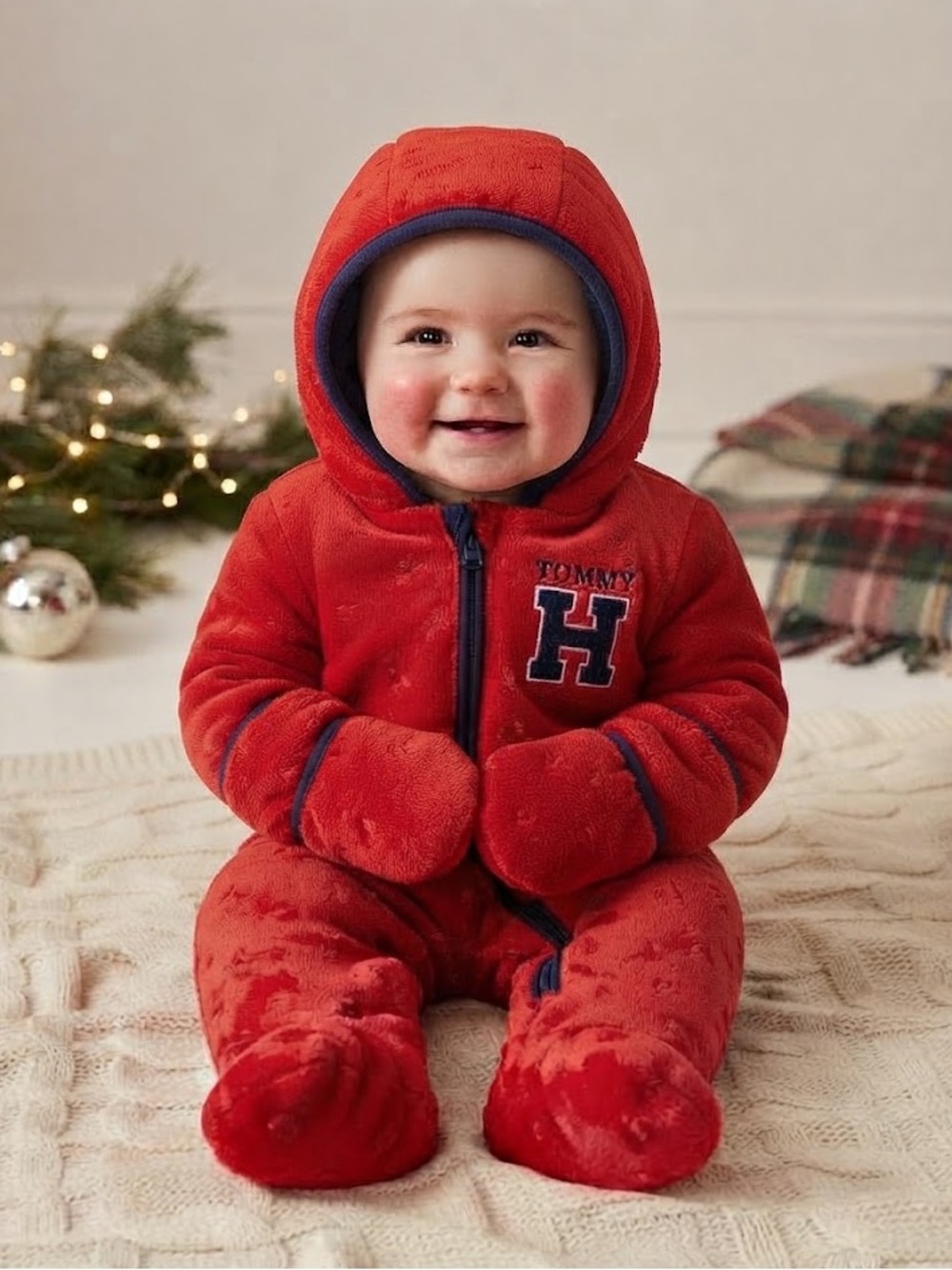 TOMMY HILFIGER Red Fleece Hooded Baby Snowsuit - 3-6M | Vintage Holiday Preppy